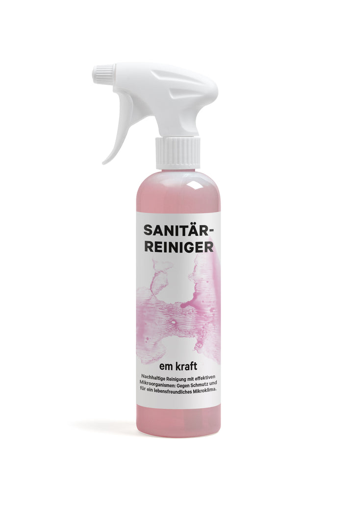 Ökologischer em kraft Sanitärreiniger Spray Flasche 500ml Bad und WC Reiniger. Löst Kalk, Seifenreste und Schmutz in Bädern, WC und auf Chromstahlflächen. Mit effektiven Mikroorganismen und 100% natürliche Inhaltsstoffen, frei von Tensiden auf Palmölbasis